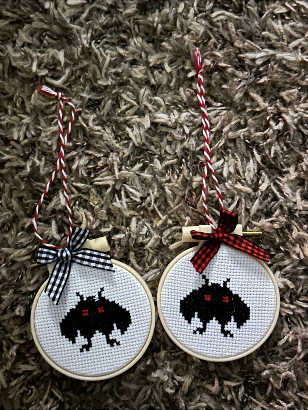 Handmade Mothman Cross-Stitch Ornament with little bow Details